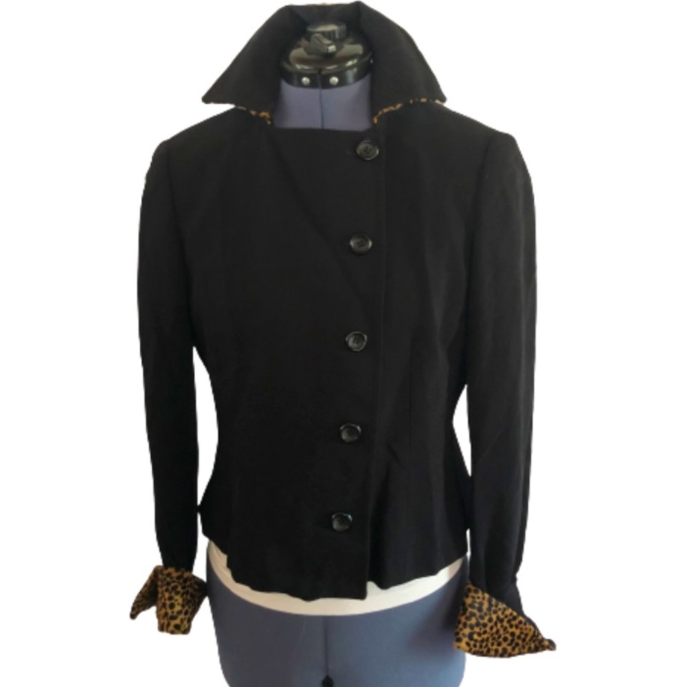 Vintage Black Blazer Leopard Animal Print Cuffs Convertible Double Breasted EUC